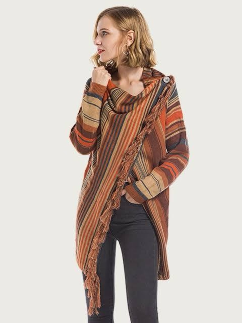 Boho Stripe Wrap Cardigan Soft Sweater Fringe Button Earth Tones Autumn OS